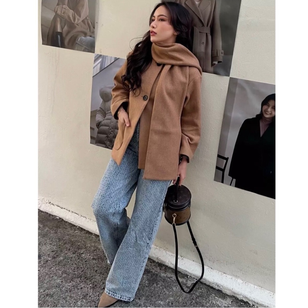 Zara Camel Brown Wool Coat with Scarf